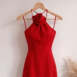 Elegant Red Halter Dress w/ Rose Detail | Cocktail Evening Party Dress M